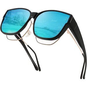Women's Black Frame & Blue Mirrored Lens Oversized Cat Eye Wear Over Glasses
